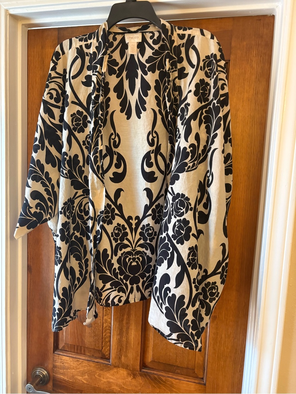 Chico's Black and Cream Floral Open Cardigan